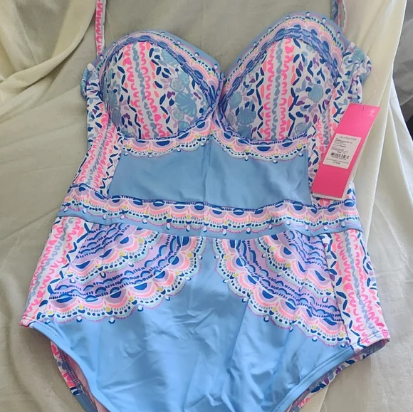 Women's Nwt Lilly Pulitzer Anthea Blue and Pink One Piece Swimsuit 12 - Picture 4 of 5
